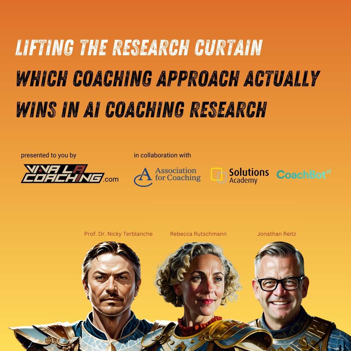A woman and two men are depicted on a poster. The poster is advertising a webinar on AI Coaching Research.